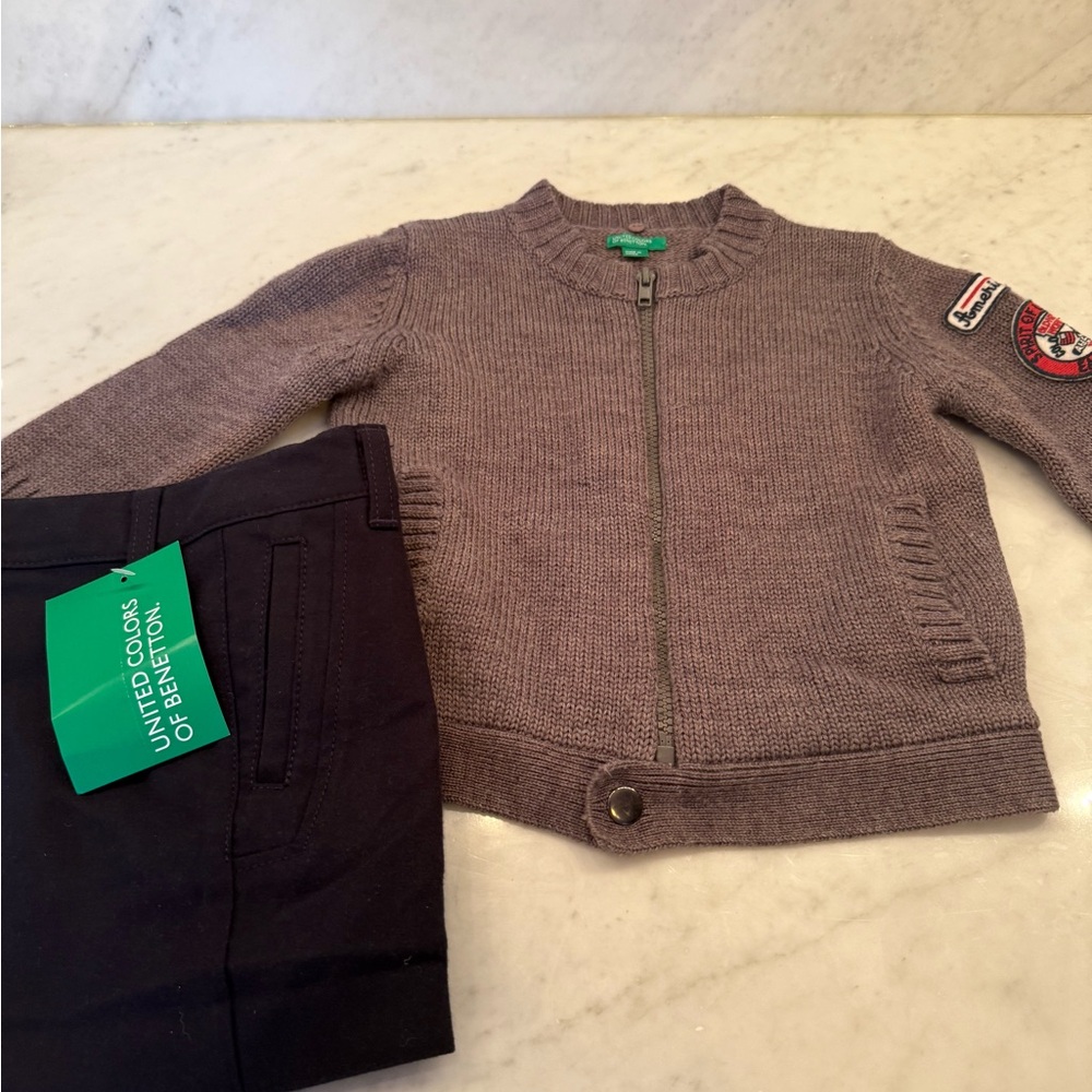 NWT Benetton Americana Patch Set, Grey wool sweater pants 18-24 Mo.